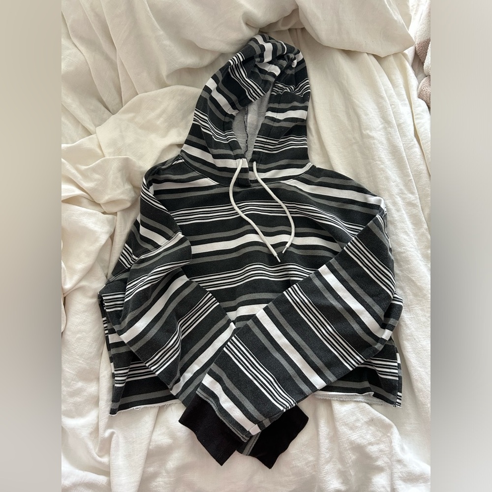 Striped Black, White and gray Hooded Pullover Top